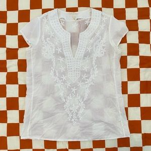 Lilly Pulitzer White Embroidered Cotton Cap Sleeve Blouse